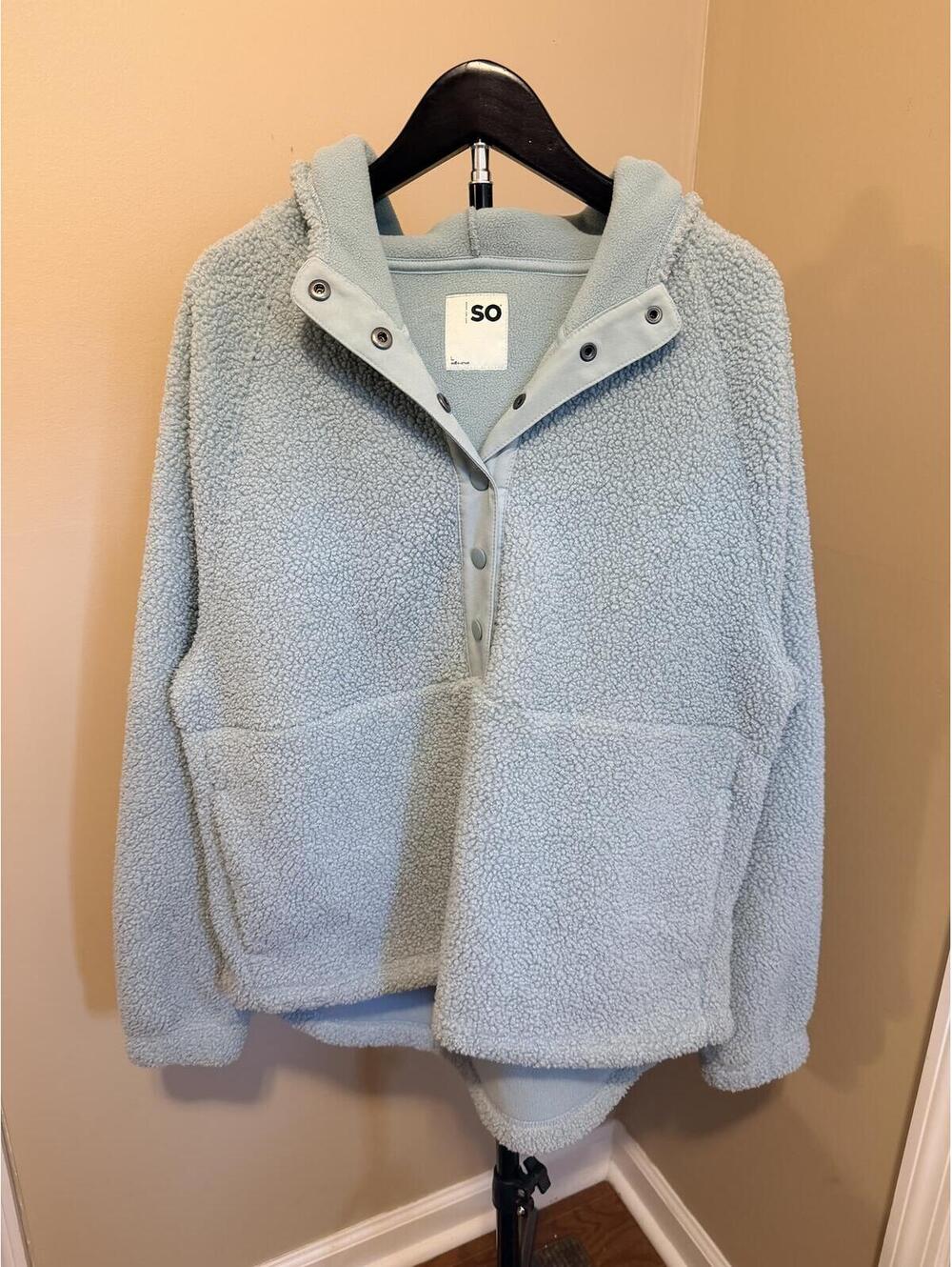 SO Sherpa Snap Pullover Fleece Jacket Light Blue Size Large Cozy Oversized